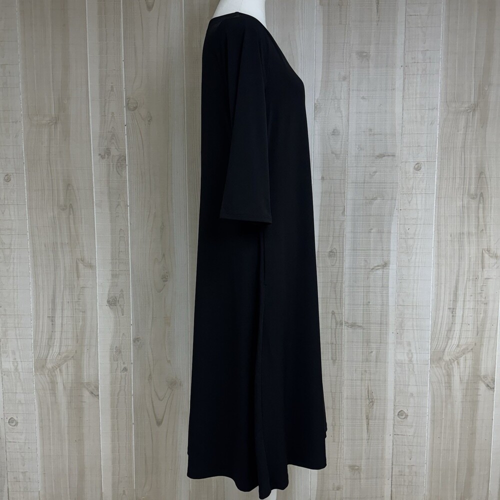 CHICOS Black Swing Dress Stretch V Neck A-Line Classic Minimalist 3/4 Sleeve 1 - Picture 3 of 13